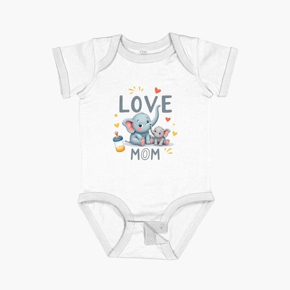Luvly Playful Cartoon Elephants – Love You Mom Cute Baby Animal Design Short Sleeve Baby One-Piece, New Born, Baby Shower Gift, New Parents Gift