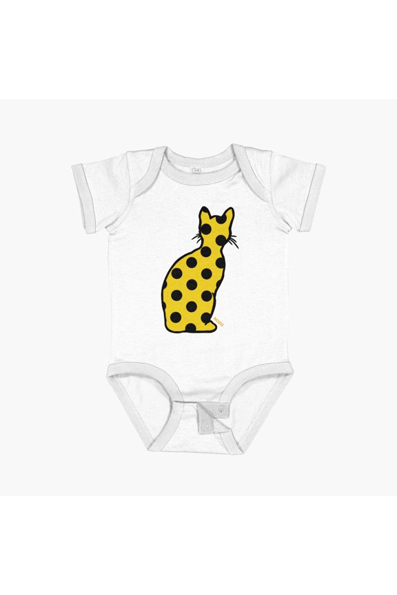 Pop Cat - Back Side - Polka Dots In Yellow Short Sleeve Baby One-Piece, New Born, Baby Shower Gift, New Parents Gift