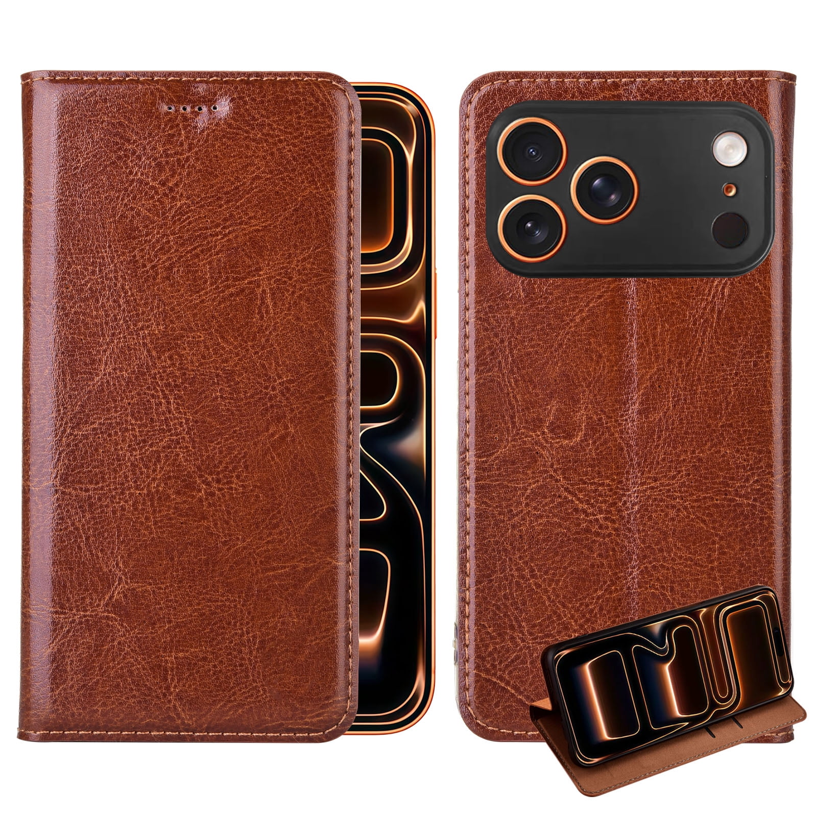 Real Genuine Leather for Crazy Horse Pattern for iPhone 17 Pro Max Case Flip Case Protective Cover with Card Slots Shockproof Business with Full Body Screen Camera