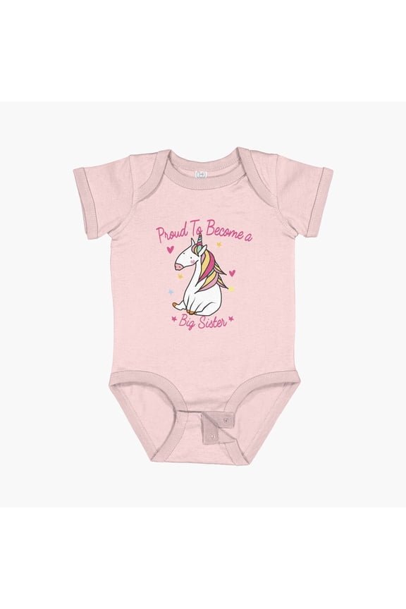 Proud To Became A Big Sister Unicorn Girl Cute Pink Hearts Stars Gift For Daughter Short Sleeve Baby One-Piece, New Born, Baby Shower Gift, New Parents Gift