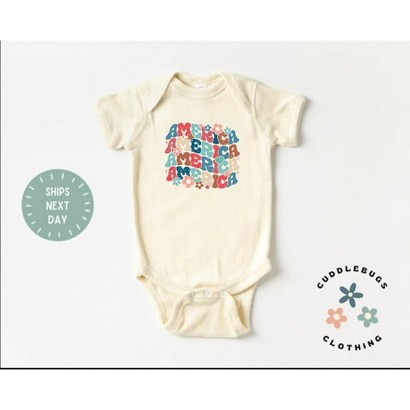 Luvly Retro America Fourth Of July Baby Onesies® Bodysuit - Cute Patriotic Baby Bodysuit - First 4Th Of July - Natural Bodysuit, New Born, Baby Shower Gift, New Parents Gift
