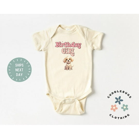Luvly Retro Birthday Girl Baby Onesies® Bodysuit - First Birthday Girl Puppu Dog Bodysuit - Cake Smash Outfit - One Birthday - Granddaughter Gift, New Born, Baby Shower Gift, New Parents Gift