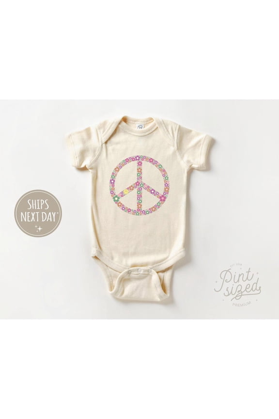 Retro Peace Sign - Floral Hippie Bodysuit - Summer Natural Baby , New Born, Baby Shower Gift, New Parents Gift