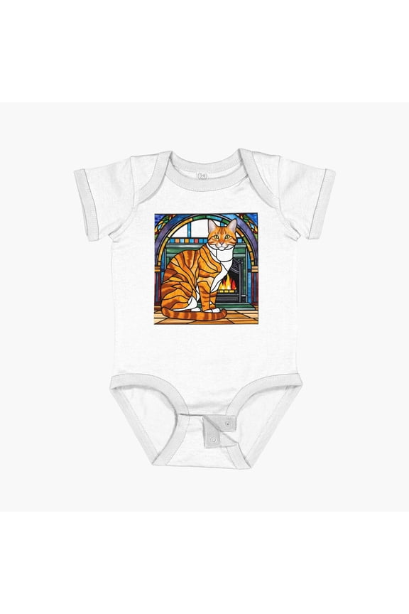 Stained Glorange Tabby Kitty Cat By The Fireplace – Cozy & Colorful Art Short Sleeve Baby One-Piece, New Born, Baby Shower Gift, New Parents Gift