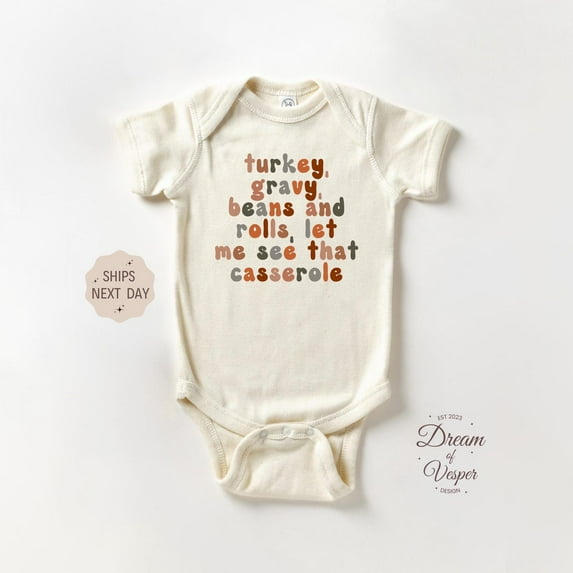 Luvly Turkey Gravy Beans And Rolls Let Me See That Casserole, Thanksgiving Bodysuit, Little Turkey Funny Retro Baby, Fall Gift, New Born, Baby Shower Gift, New Parents Gift