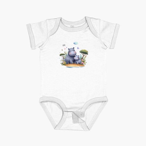 Luvly Watercolor Hippo Mother And Baby Short Sleeve Baby One-Piece, New Born, Baby Shower Gift, New Parents Gift