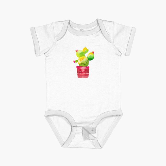 Luvly Watercolor Prickly Pear Cactus With Flowers In Terracotta Pot Short Sleeve Baby One-Piece, New Born, Baby Shower Gift, New Parents Gift