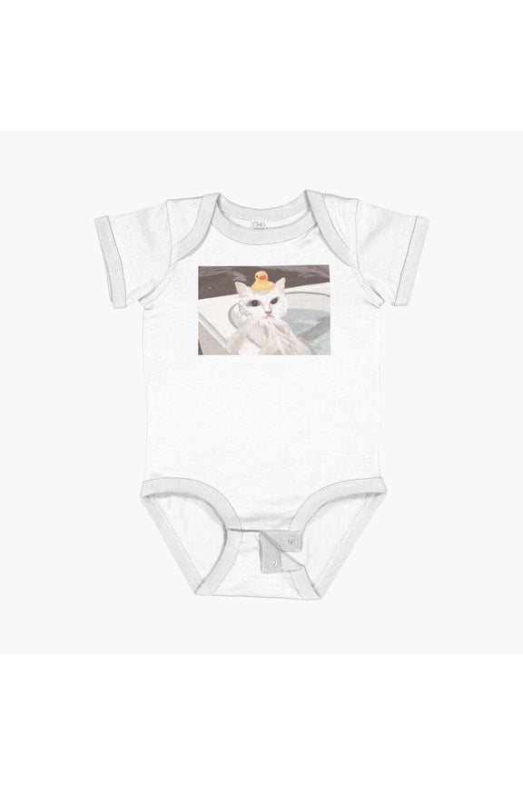 White Kitty With Duck In Bath Short Sleeve Baby One-Piece, New Born, Baby Shower Gift, New Parents Gift