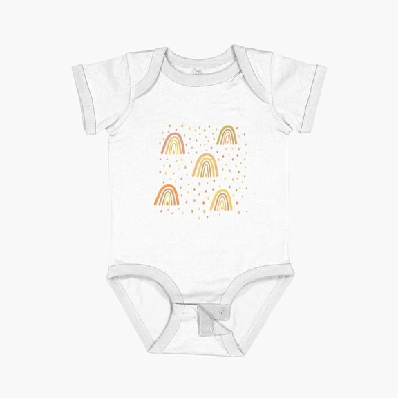 LuvlyBoho Rainbow Pattern In Yellow , Orange And Coral With Multicolored Raindrops Short Sleeve Baby One-Piece, New Born, Baby Shower Gift, New Parents Gift