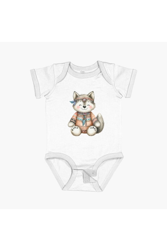 Cute Adorable Boho Wolf Short Sleeve Baby One-Piece, New Born, Baby Shower Gift, New Parents Gift