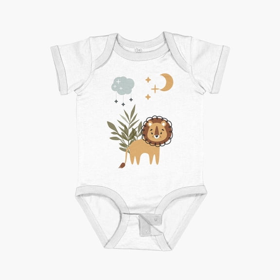 LuvlyCute Boho Lion With Jungle Gr, Moon, Stars, And Rain Cloud Short Sleeve Baby One-Piece, New Born, Baby Shower Gift, New Parents Gift