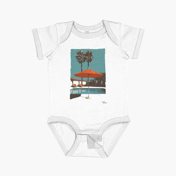LuvlyRetro Palm Springs Poolside With Orange Umbrella Short Sleeve Baby One-Piece, New Born, Baby Shower Gift, New Parents Gift