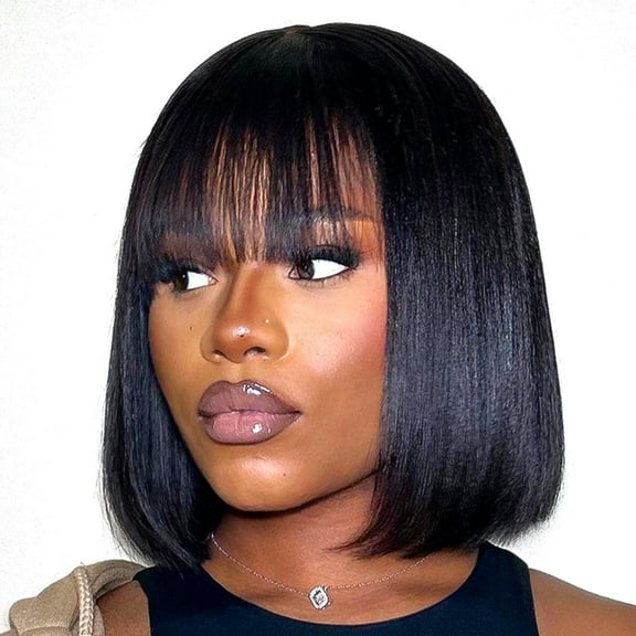 LUVME 10'' Natural Black 100% Human Hair Minimalist Glueless Yaki Bob Bangs Wig 1 Piece