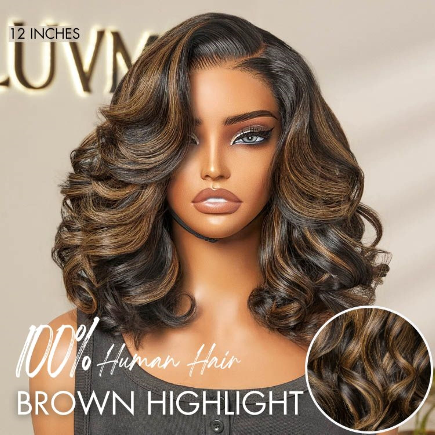 LUVME All-Day Comfort™ Wig 200% Density Voluminous Loose Body Wave Glueless Minimalist HD Lace Wig Pre-Cut Lace 14" Brown Higlight 1 pc for Woman