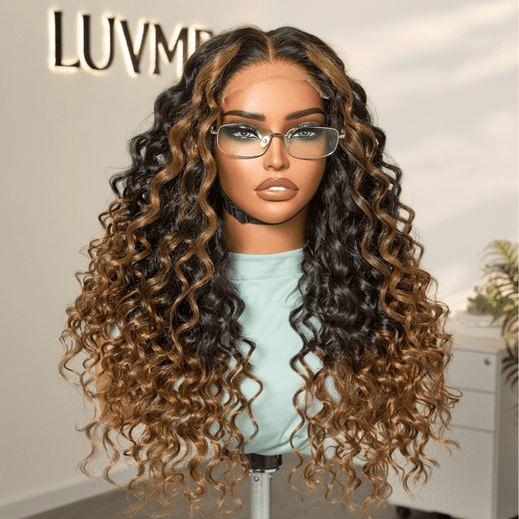 LUVME Fluffy Brown Ombre Highlights Water Wave Glueless 5x5 Closure HD Lace Long Curly Wig Breathable Cap