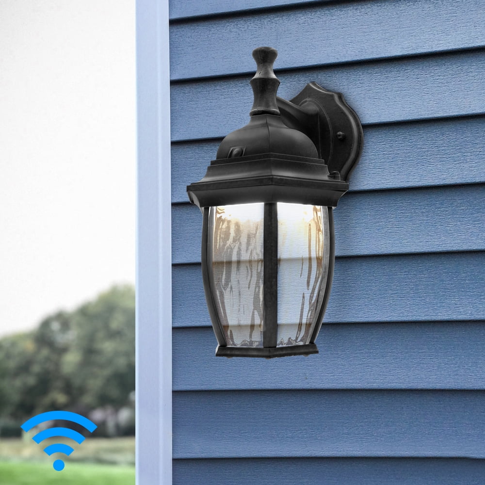 Luvoni LED Smart WiFi Outdoor Wall Light, Black w/ Clear Water Glass, App Controlled Porch Lantern, 850 Lumens, CCT 2700K - 6500K, Dimmable, Works with Google Home/Alexa, by Maxxima