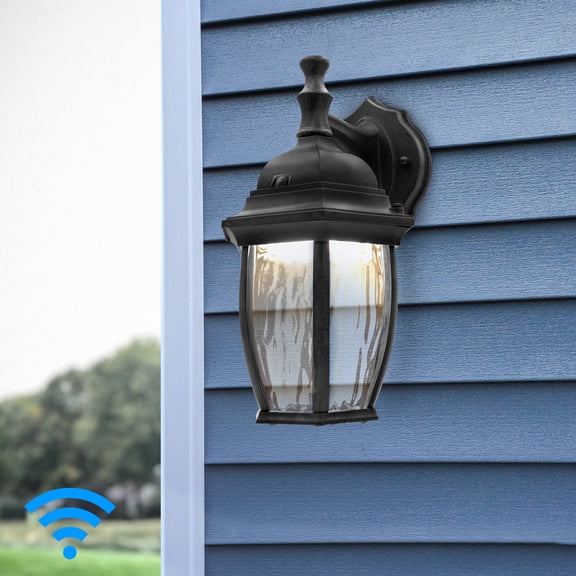 Luvoni LED Smart WiFi Outdoor Wall Light, Black w/ Clear Water Glass, App Controlled Porch Lantern, 850 Lumens, CCT 2700K - 6500K, Dimmable, Works with Google Home/Alexa, by Maxxima