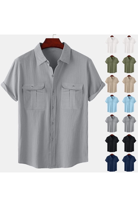 Big & Tall Men Linen Shirts Short Sleeve Collared Shirt Work Wear with Pocket, 4XL-5XL