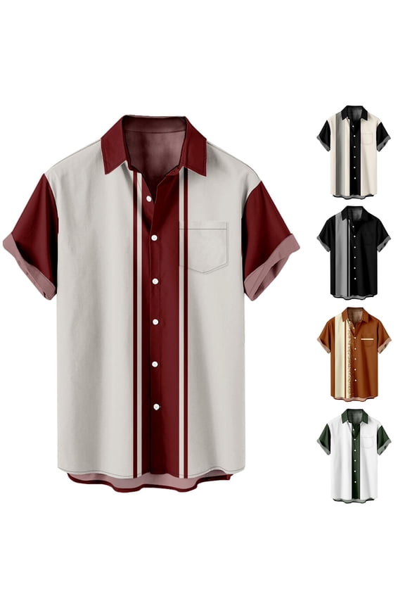 Big & Tall Men's Printing Short Sleeve Pockets Collared Shirt Elastic Work Wear, S-4XL