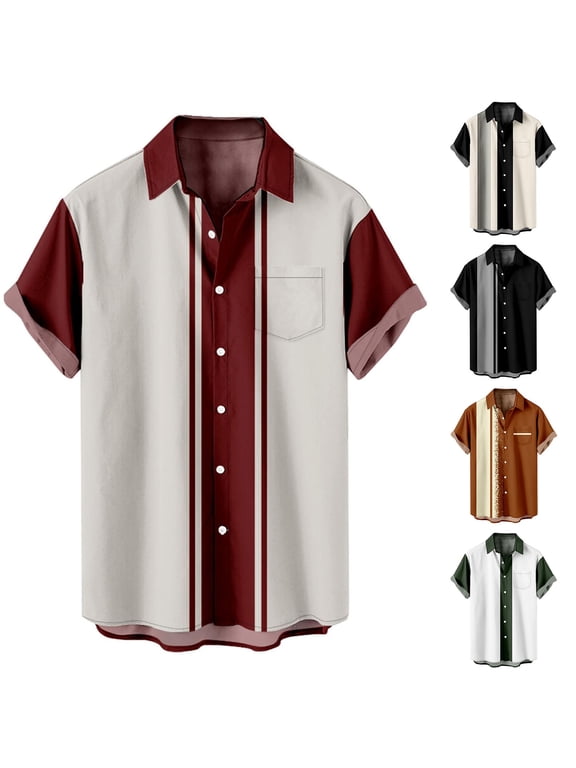 Big & Tall Men's Printing Short Sleeve Pockets Collared Shirt Elastic Work Wear, S-4XL