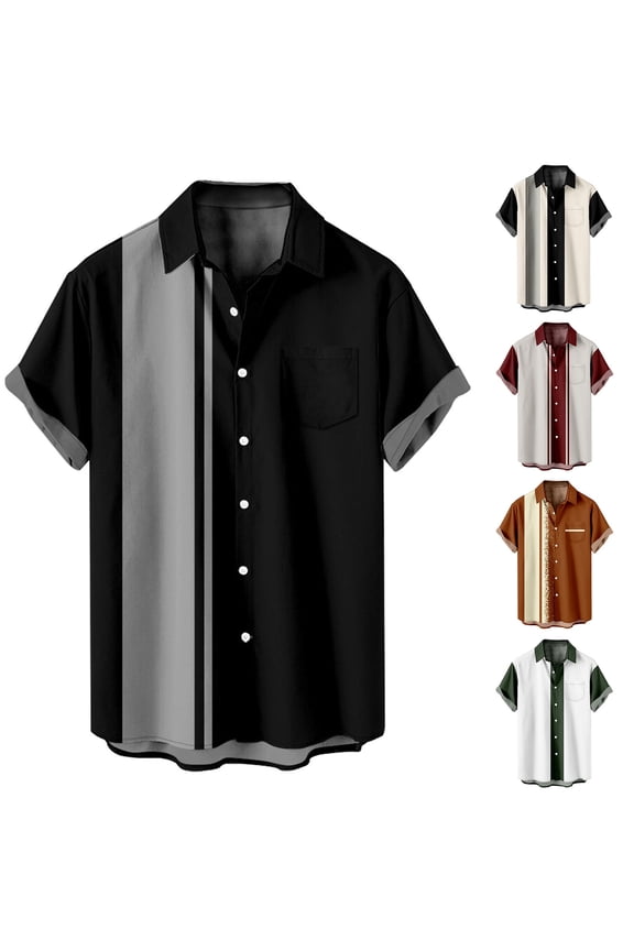 Big & Tall Men's Printing Short Sleeve Pockets Collared Shirt Elastic Work Wear, S-4XL
