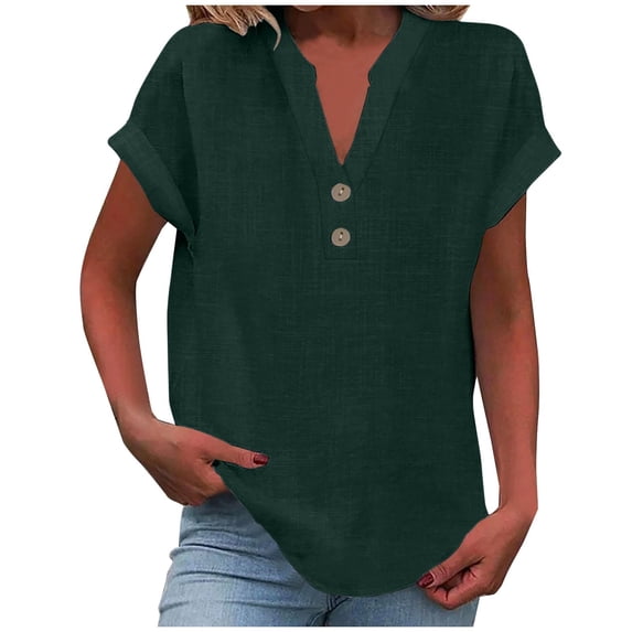 Luvrsol Blouses for Women Plus Size Short Sleeved Cotton and Linen Solid Button Shirt Female-Neck Loose T-shirt Blouse, Size S-5XL