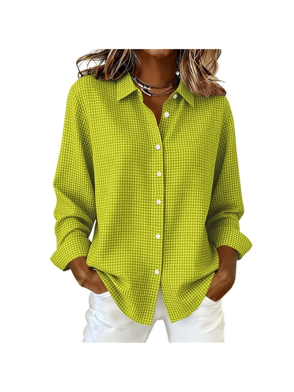 Button Down Shirts for Women Checkered Blouse Long Sleeve Loose Tops for Travel & Shopping S-2XL