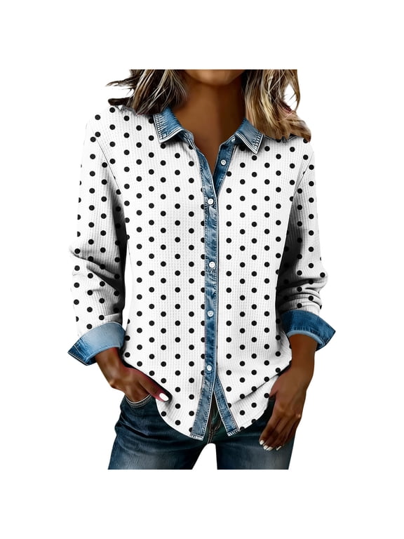 Button Down Shirts for Women Denim Collared Jacket Long Sleeved Blouse with Polka-Dot S-2XL