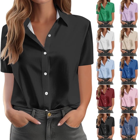Luvrsol Button Down Shirts for Women Fashion Casual Solid Short Sleeved Pocket Womens Tops Dressy Casual, Size S-2XL