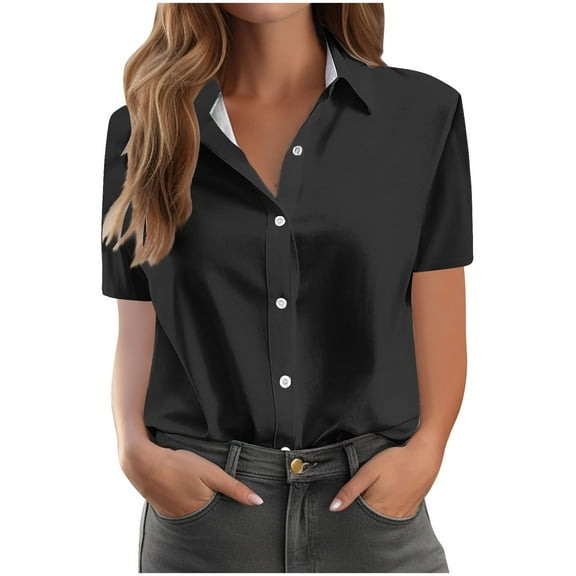 Luvrsol Button Down Shirts for Women Fashion Casual Solid Short Sleeved Pocket Womens Tops Dressy Casual, Size S-2XL