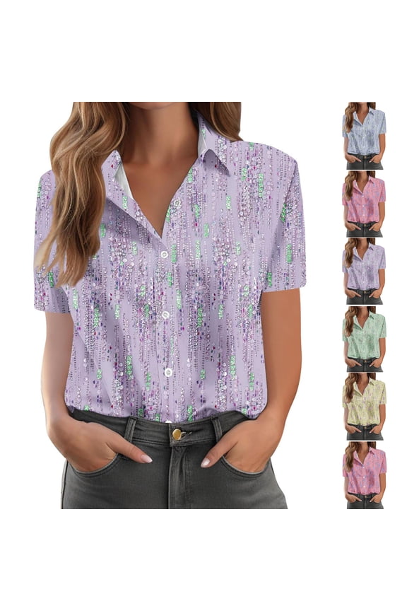 Button Down Shirts for Women Plus Size Fashion Casual Print Comfortable Short Sleeved Pocket Top Blouse T-Shirt, S-5XL