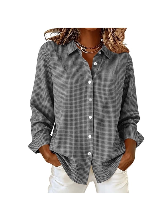 Button Up Shirt Women Checkered Blouse Long Sleeve Loose Tops for Commute & Daily Errands S-2XL