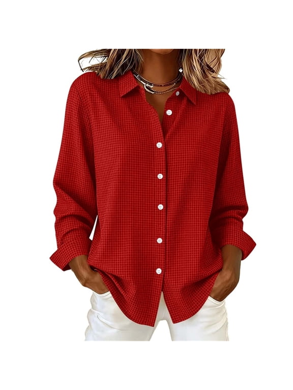 Button Up Shirt Women Checkered Blouse Long Sleeve Loose Tops for Commute & Daily Errands S-2XL