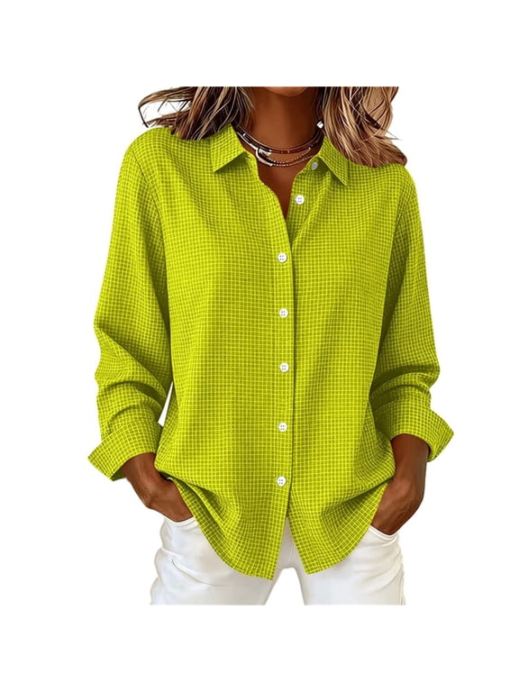 Button Up Shirt Women Checkered Blouse Long Sleeve Loose Tops for Commute & Daily Errands S-2XL