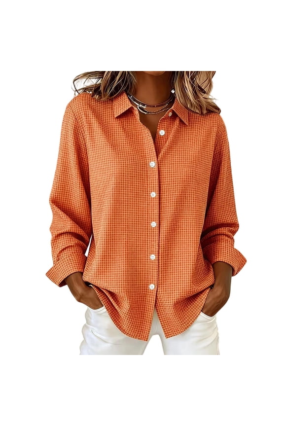 Button Up Shirt Women Checkered Blouse Long Sleeve Loose Tops for Commute & Daily Errands S-2XL