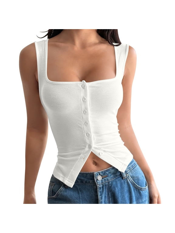 Camisole Tops for Women Solid Fashionable Square-Neck Cropped Split Tank, Size S-2XL