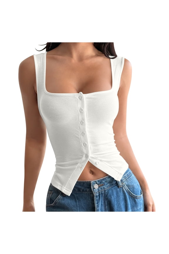 Camisole Tops for Women Solid Fashionable Square-Neck Cropped Split Tank, Size S-2XL