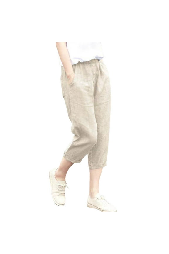 Capris Pants for Women Cotton Linen Blend Casual/Work Summer with Pockets 7/8 Capri, Size M-3XL