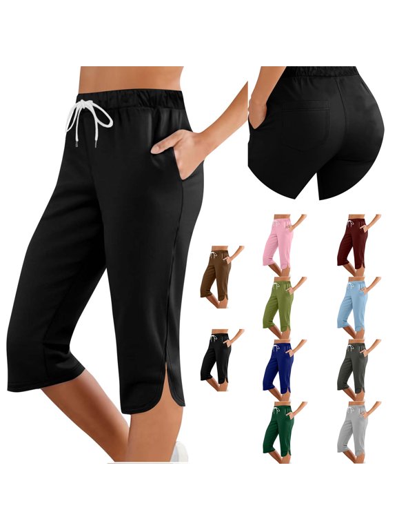 Capris Pants for Women Quick Dry Moisture Wicking Casual Solid High Waisted Straight Crop Pants, Size S-2XL