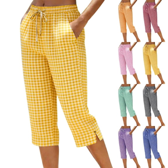 Luvrsol Capris for Women with Pockets Casual Straight-Leg Cotton-Linen Checkered Pants, Size S-3XL