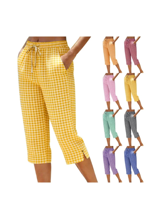 Capris for Women with Pockets Casual Straight-Leg Cotton-Linen Checkered Pants, Size S-3XL