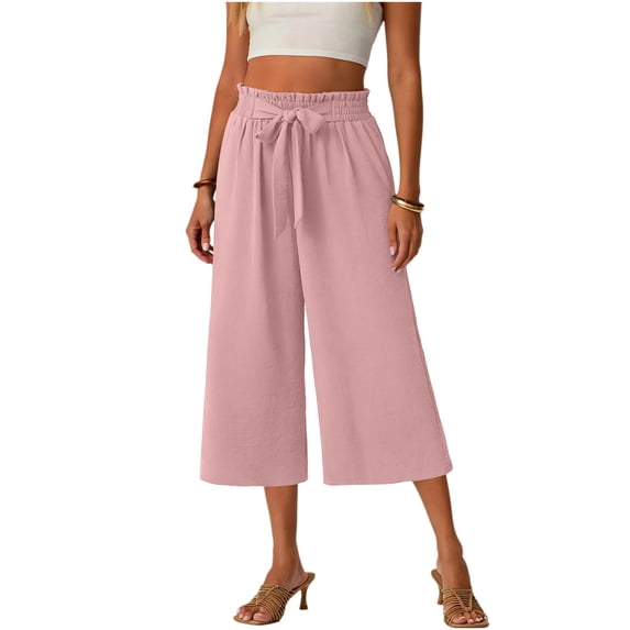 Luvrsol Capris for Women with Pockets Lace-Up Stretch Waist Solid Straight-Leg Wide-Leg Pants, Size S-2XL