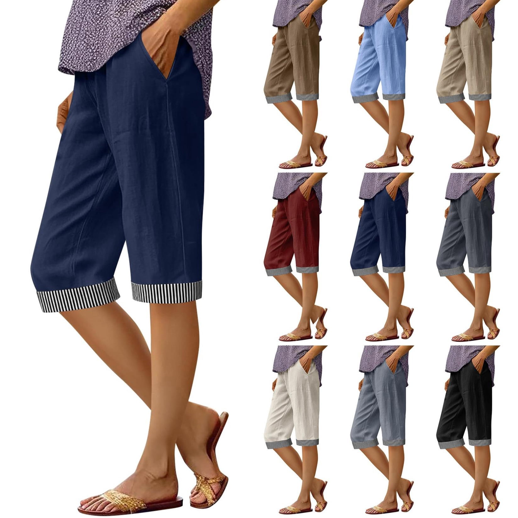 Capris for Women with Pockets Plus Size Solid Cotton-Linen Casual Pants, S-3XL