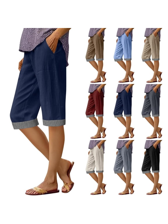Capris for Women with Pockets Plus Size Solid Cotton-Linen Casual Pants, S-3XL