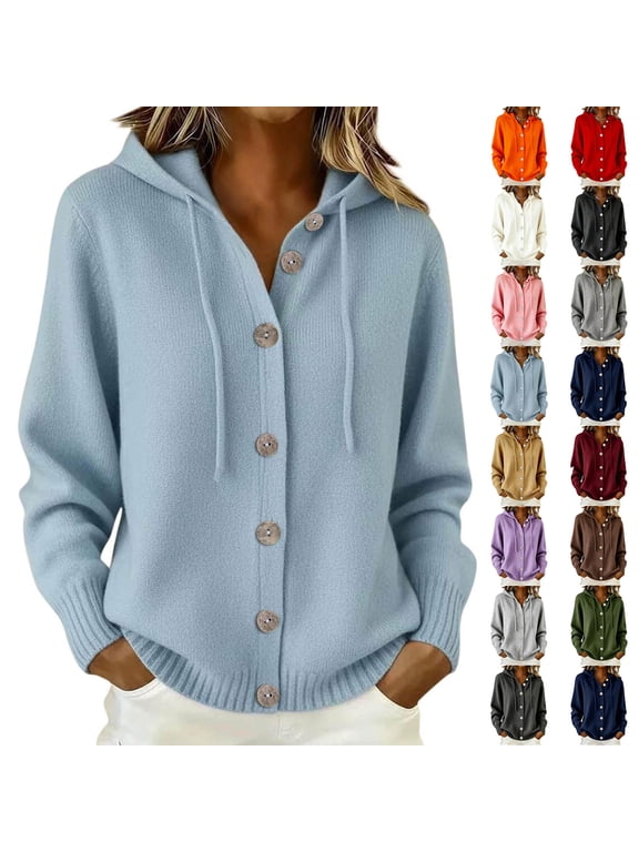 Cardigan Sweaters for Women Plus Size Hooded Lapel Collar Button Down Knit Jacket Solid Casual Sweater Coat S-3XL