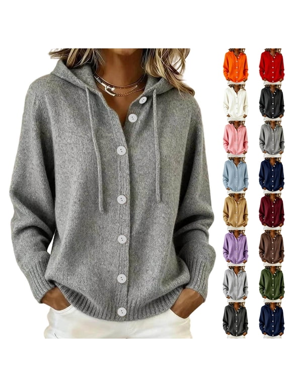 Cardigan Sweaters for Women Plus Size Hooded Lapel Collar Button Down Knit Jacket Solid Casual Sweater Coat S-3XL