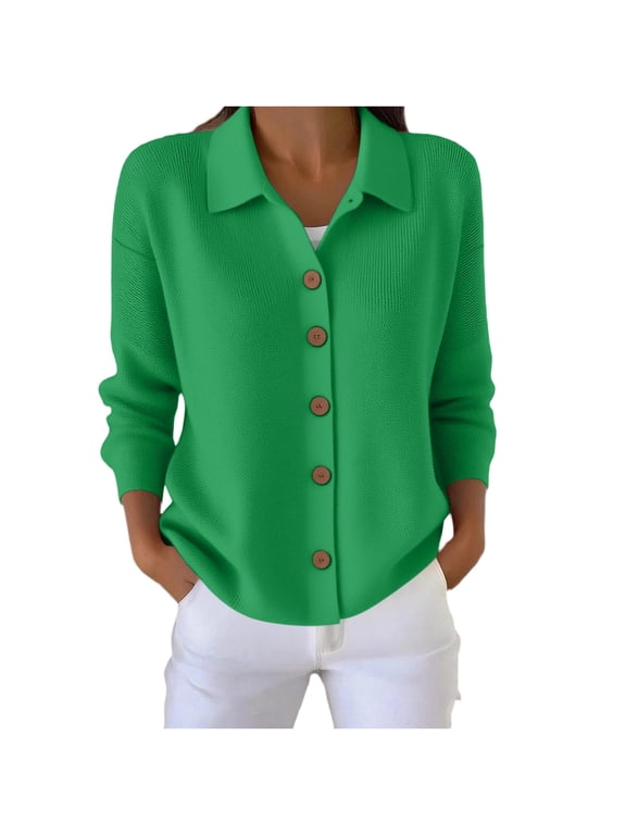 Cardigan for Women Plus Size Lapel Collar Button Down Knit Jacket Long Sleeve Solid Casual Sweater S-3XL