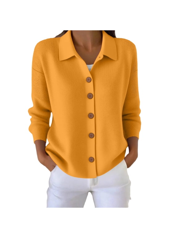 Cardigan for Women Plus Size Lapel Collar Button Down Knit Jacket Long Sleeve Solid Casual Sweater S-3XL