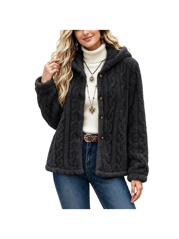 Coats for Women Hooded Cable Textured Fleece Jacket Button Front Fluffy Warm Sherpa Coat, Black S-2XL