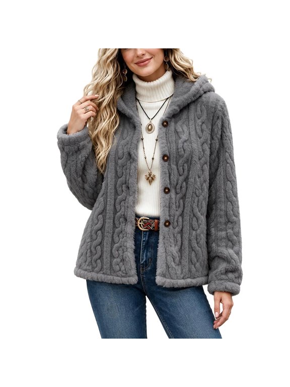 Coats for Women Hooded Cable Textured Fleece Jacket Button Front Fluffy Warm Sherpa Coat, Gray S-2XL